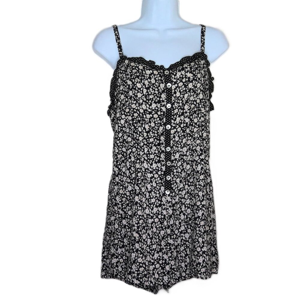 New Sky And Sparrow Tillys Floral Romper Polka Dot Ruffle MOP Buttons NWT  Sz  L